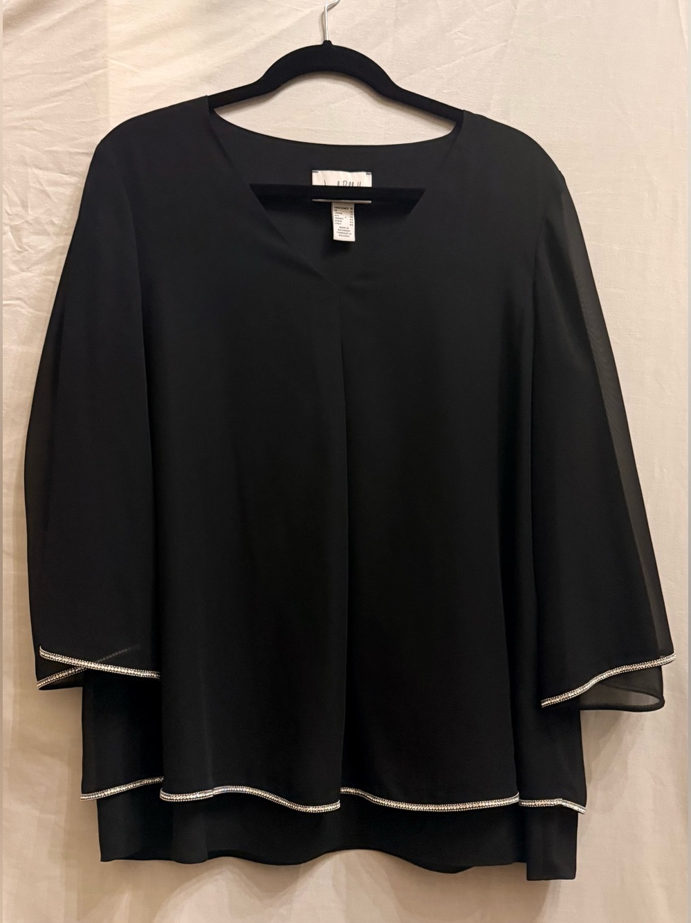 Elegant Black Joseph Ribkoff Overlay Top with Rhinestone Trim
